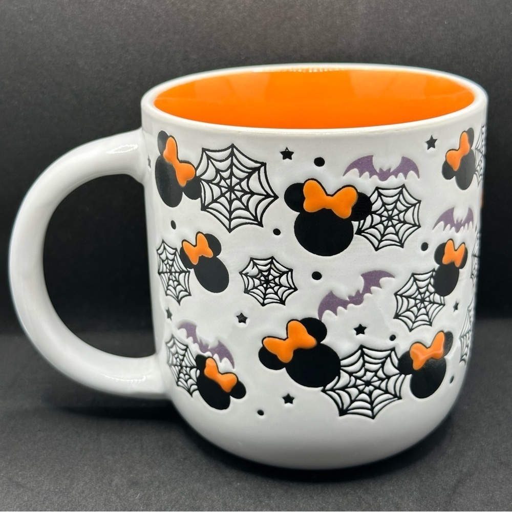 Disney Minnie Mouse Halloween Mug Cobwebs Bats Orange Inside